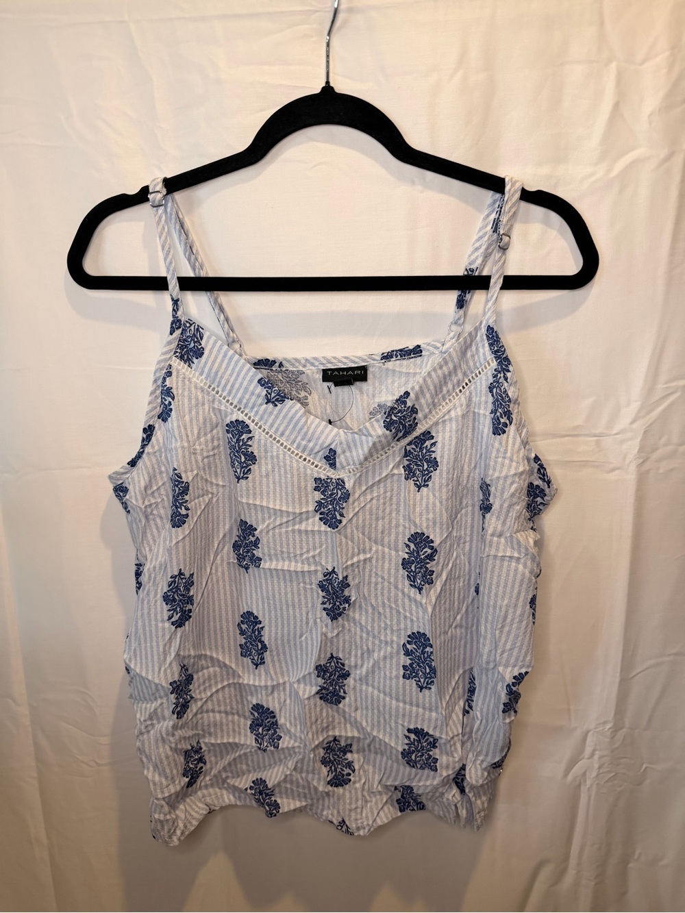 Tahari Blue and White Floral Stripe Spaghetti Strap Tank